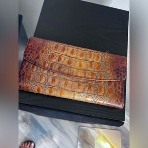Brahmin Crocodile Embossed Brown Leather Trifold Wallet with Checkbook Cover